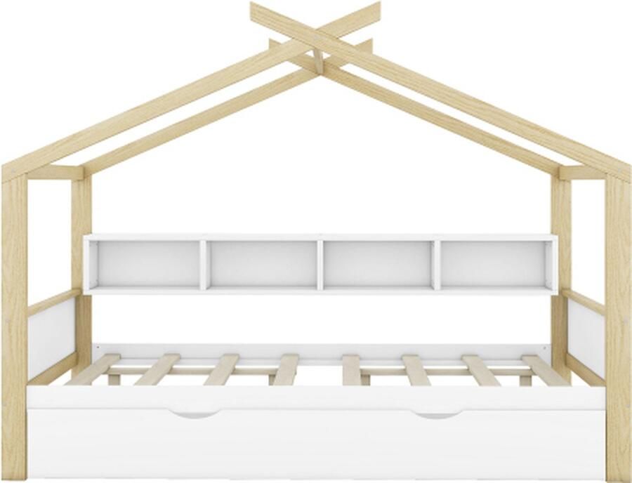 Zonder merk Gotagee Huisbed 140x200cm Kinderbed (Zonder matras) met uitschuifbed wit