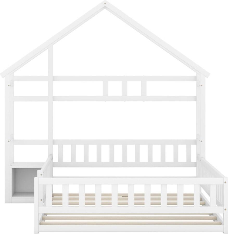 Zonder merk Gotagee Huisbed 140x200cm Kinderbed (zonder matras) Wit Laadbak met leuningen en nachtkastjes