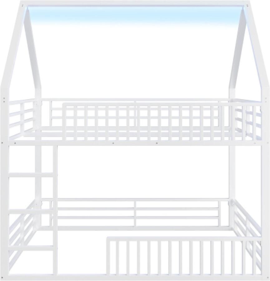 Huisbed 140x200cm stapelbed met hek en LED-verlichting wit