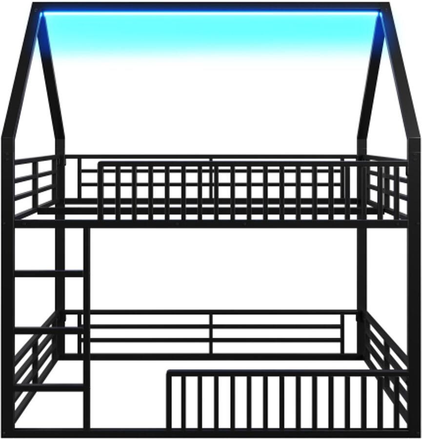 Huisbed 140x200cm stapelbed met hek en LED-verlichting zwart