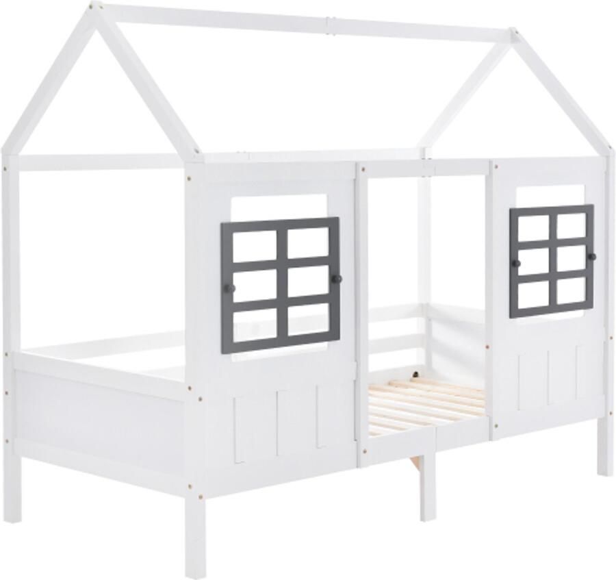 Huisbed 200x90cm Zonder Matras Eenpersoonsbed Wit Kiefer+MDF Met 2 Laden En Ramen Geschikt Als Kinderbed Of Daybed