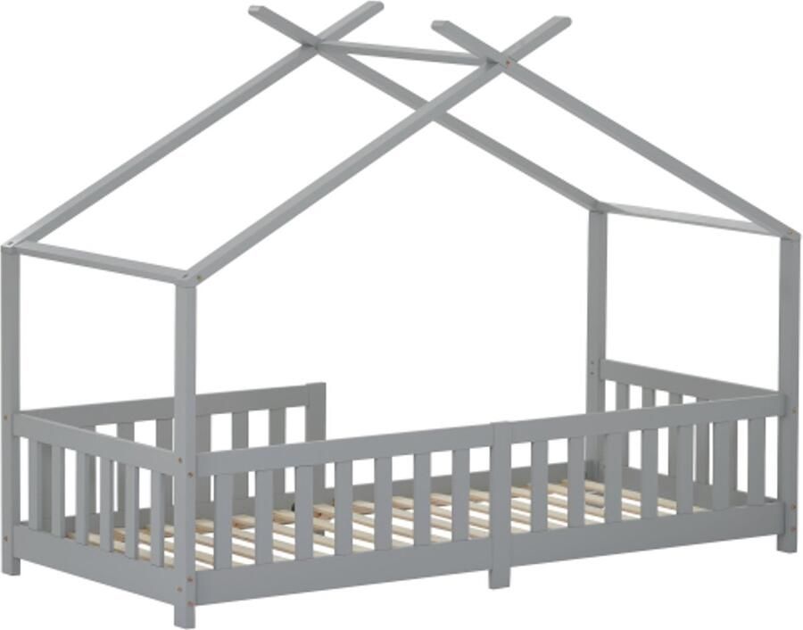 Huisbed 200x90cm Zonder Matras Kinderbed Grijs Massief Hout Met Lattenbodem En Valbeveiliging Geschikt Voor Kinderkamer