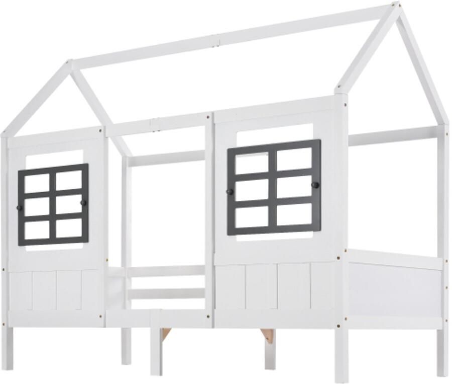 Huisbed 200x90cm Zonder Matras Kinderbed Wit Kiefer MDF Met 2 Ramen Geschikt Voor Kinderkamer