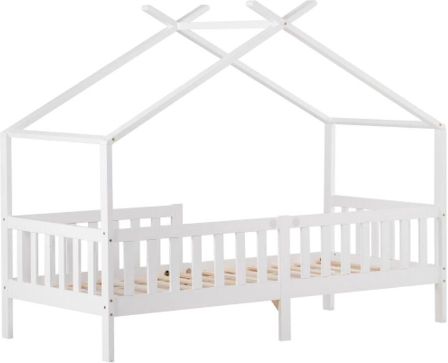 Huisbed 200x90cm Zonder Matras Kinderbed Wit Massief Hout Met Lattenbodem En Valbeveiliging Geschikt Voor Kinderkamer