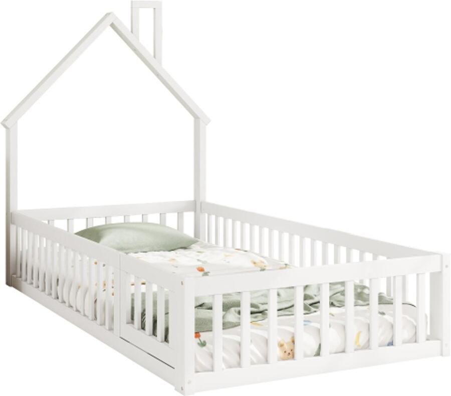 Huisbed 90 x 200 cm kinderbed met schoorsteenvorm bed met lattenbodem (zonder matras) grenenhout minimalistische stijl wit