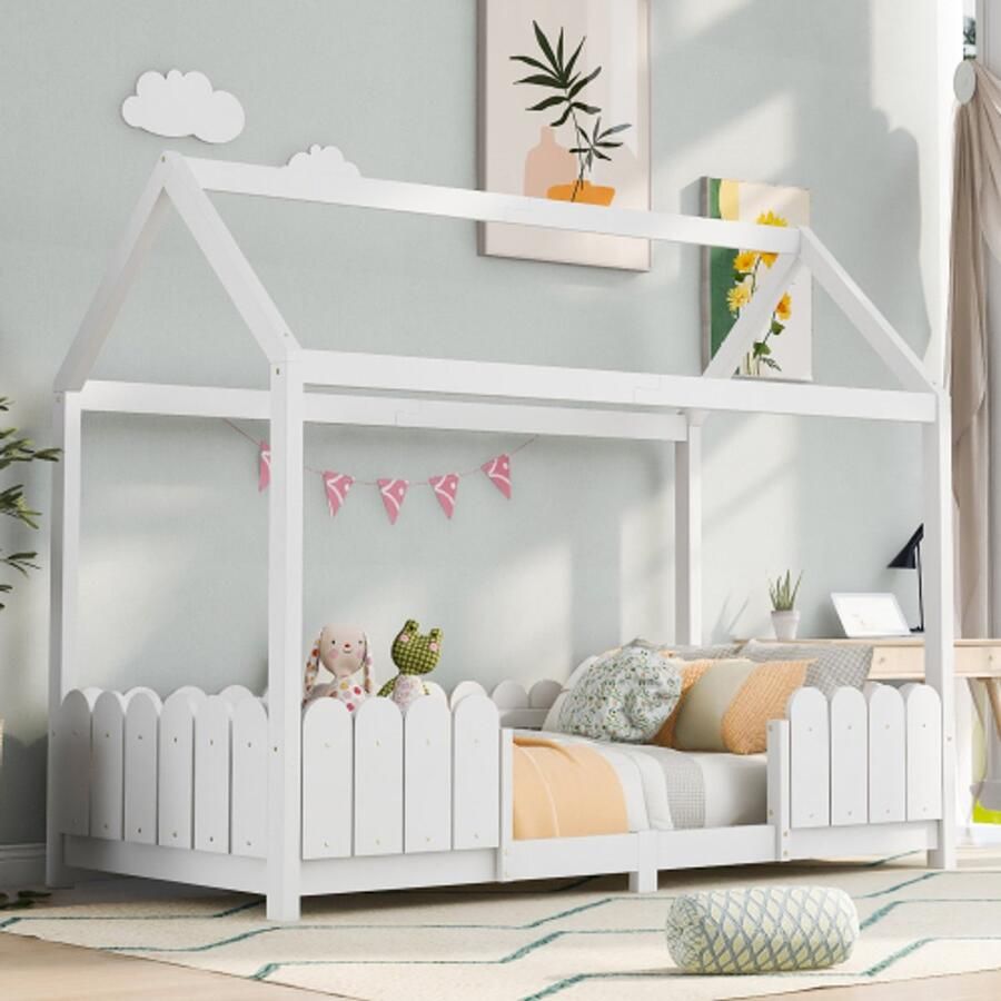 Huisbed 90x200 cm veelzijdig houten kinderbed voor jongens & meisjes met uitvalbeveiliging en lattenbodem wit (zonder matras)