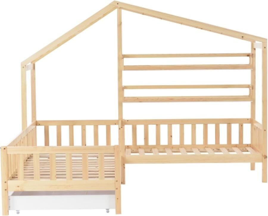 Huisbed 90x200cm 70x140cm Kinderbed Natuur Massief Hout Met Lade En Planken Met Hek En Lattenbodem L Structuur Multifunctioneel Voor Kinderkamer
