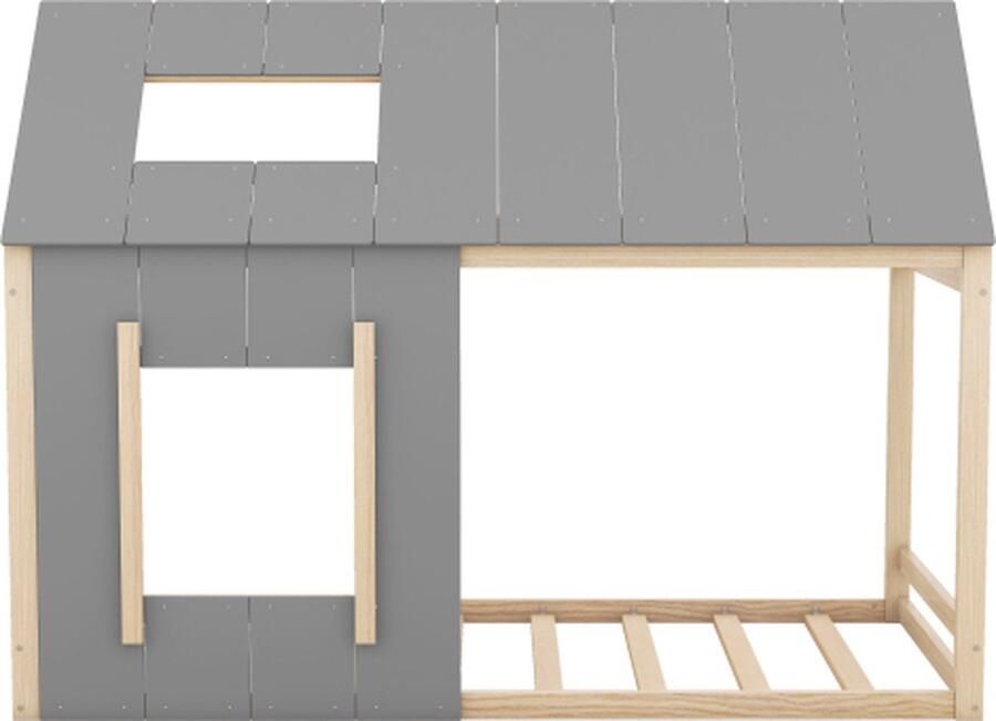 Zonder merk Gotagee Huisbed 90x200cm Kinderbed (zonder matras) Natuur Grijs Laadbak met dak en raam