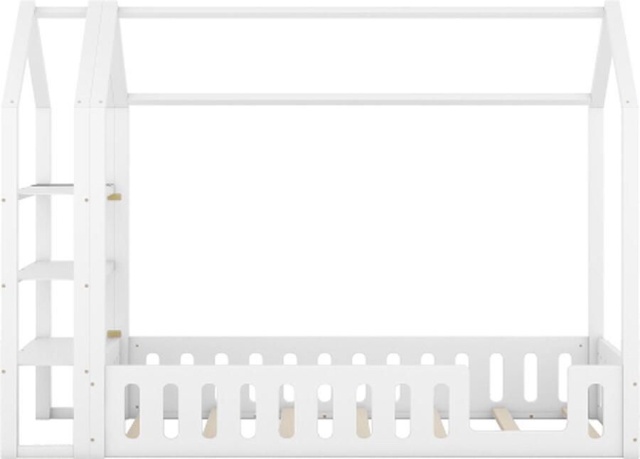 Zonder merk Gotagee Huisbed 90x200cm Kinderbed (zonder matras) Wit Vlakke laadvloer met leuning en 3 planken