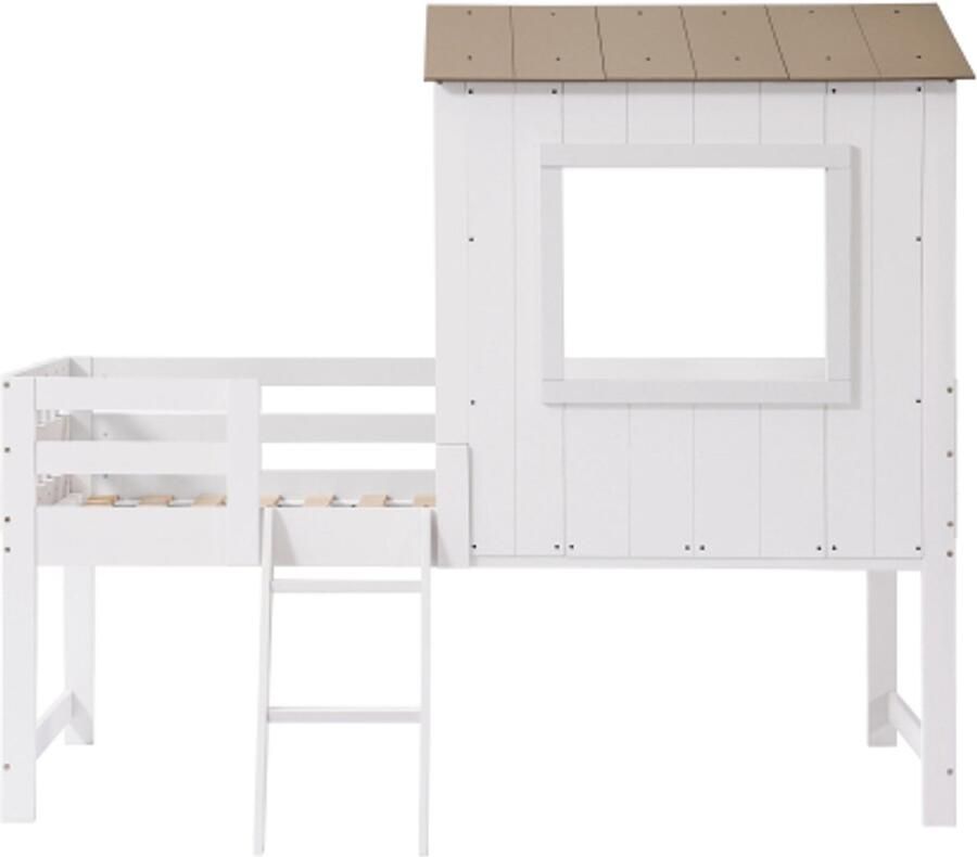 Huisbed 90x200cm Zonder Matras Eenpersoonsbed Kinderbed Hoogslaper Wit En Natuur Hout MDF Met Dak En Raam Vierzijdig Hek Met vangrail Voor Kinderkamer