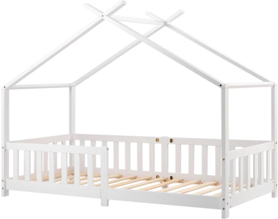 Huisbed 90x200cm Zonder Matras Kinderbed Wit Massief Hout Met Lattenbodem En Valbeveiliging Geschikt Voor Kinderkamer