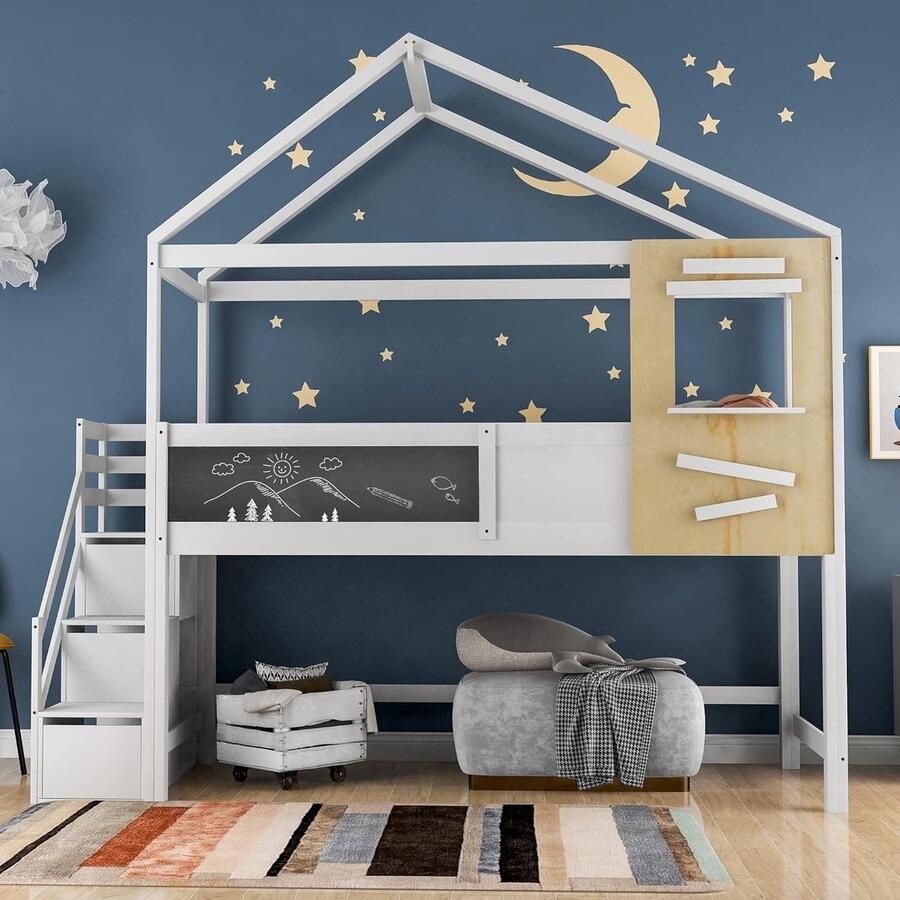 Huisbed Hoogslaper 90x200 cm met Trap Raam en Lattenbodem Kinderbed met 3 Laden Wit