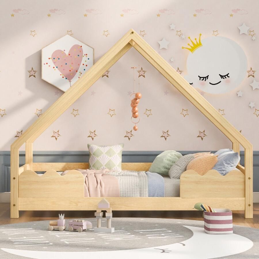 Huisbed kinderbed 80x160cm met valbeveiliging speelbed jeugdbed massief hout in naturel