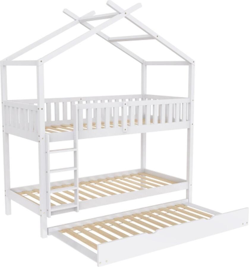 Huisbed kinderbed jeugdbed Stapelbed 90x200 cm drie bedden uitschuifbaar ruimtebesparend design wit