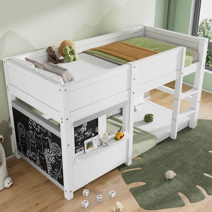 Huisbed kinderbed speelbed stapelbed met twee planken graffiti-baar met kleine plank 90x200 wit