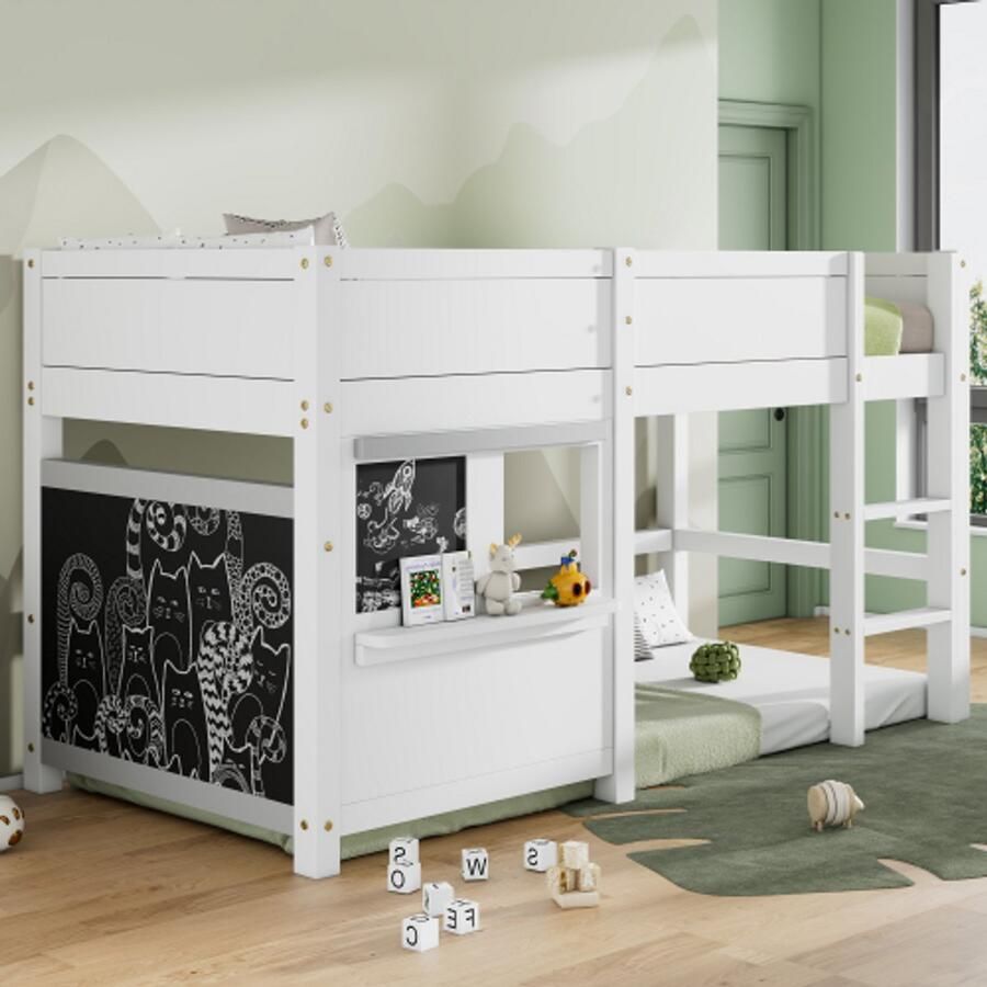 Huisbed kinderbed speelbed stapelbed met twee planken graffiti-ready met kleine plank 90x200 wit