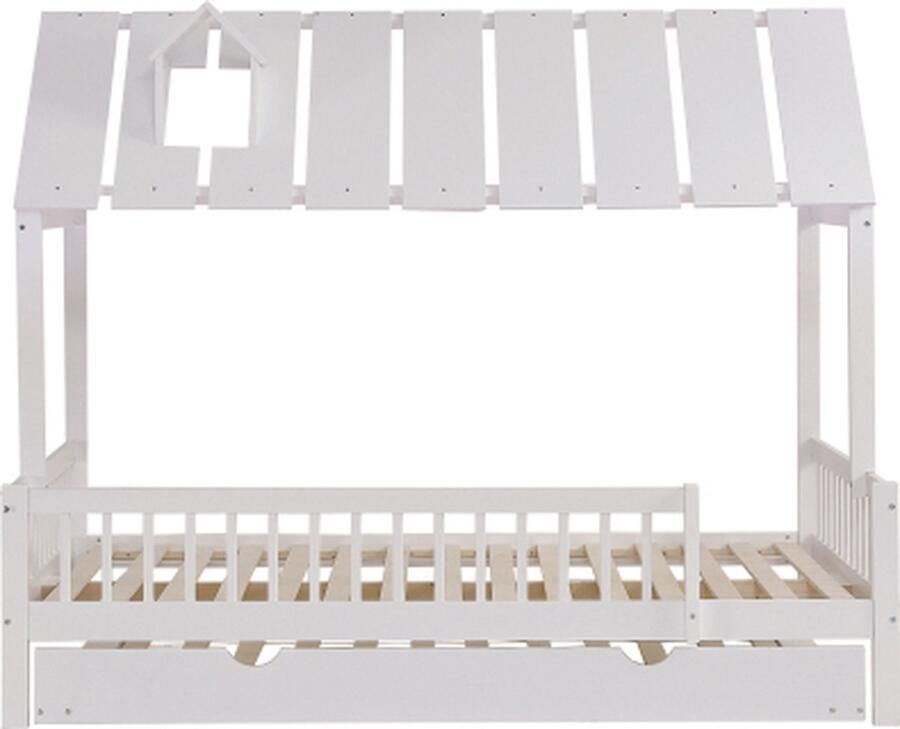 Zonder merk Gotagee Huisbed met uitklapbed 120x200 190cm zonder matras Wit Grenenhout met dak met schoorsteenhout met 3-zijdig hek