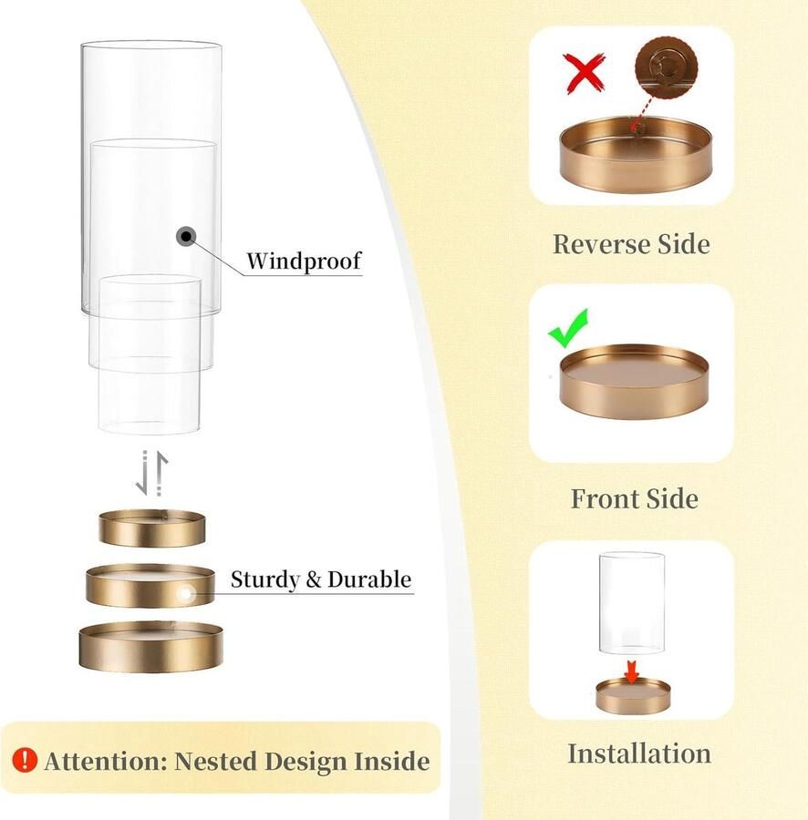 Hurricane Candle Houder Goud: Set van 12 Glazen Kolomkaarsenhouders met Metalen Dienblad voor Woonkamer Eettafel Sfeervolle Decoratie