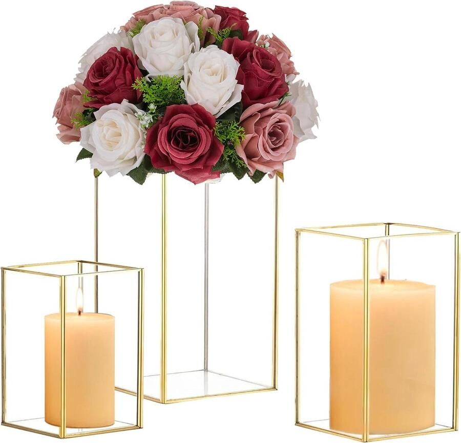 Hurricane Kaarsenhouder Glas Set van 3 Grote Gouden Kandelaars Vierkante Decoratieve Vloer Lantaarn Bruiloft Tafel Middenstuk Eetkamer Kerst Tafelblad Open Haard Outdoor