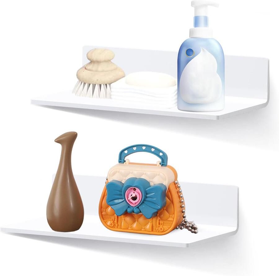 HUSOUE 2-pack wandplanken geen boren nodig zelfklevende planken 20 cm lang zwevende planken van acryl met schroeven voor woonkamer keuken kantoor en badkamer (wit)