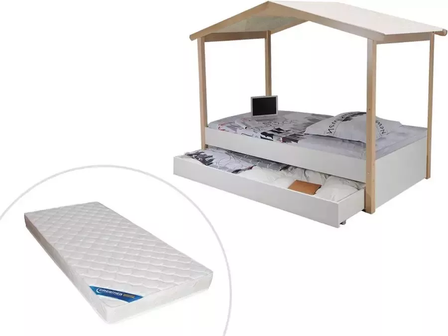 Hutbed HOMYLAND met laden 90 x 190 cm Wit en eiken + matras L 214 cm x H 166 cm x D 96 cm