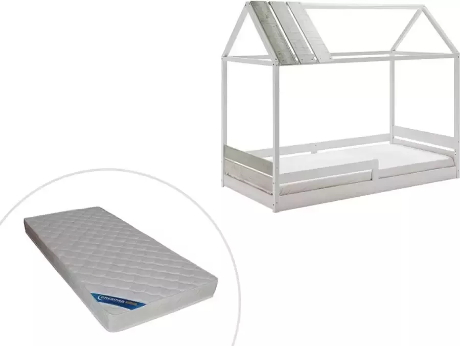 Hutbed INDIANA 90x190cm MDF en dennenhout Wit + matras L 200 cm x H 176 cm x D 98 cm