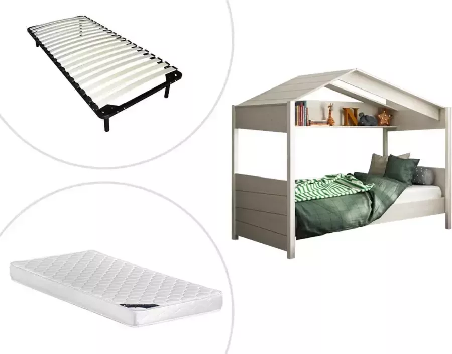 Hutbed ROBINSON 90x200cm Eikenkleur Met bedbodem en matras L 207 cm x H 165 cm x D 105 cm