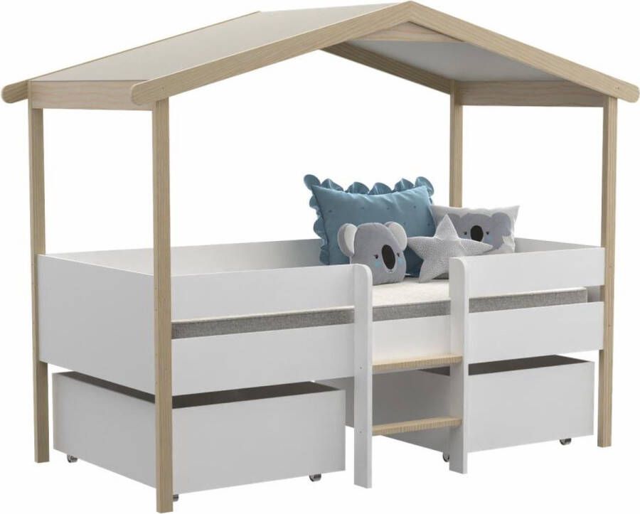 Hutbed SAROSI met laden 90 x 190 cm Linden Wit en eiken L 213.5 cm x H 165.3 cm x D 99.8 cm - Foto 2