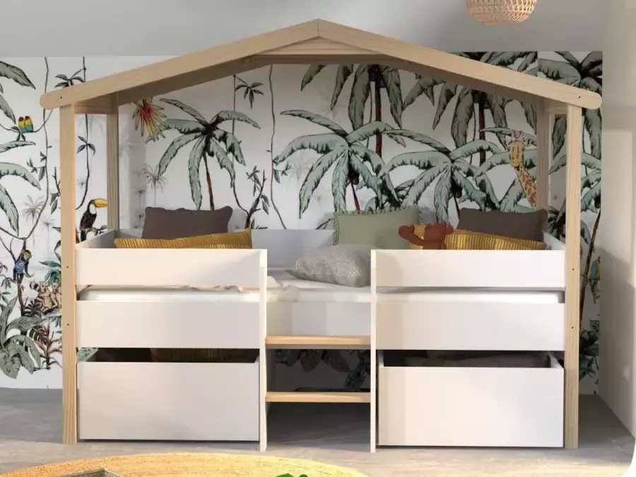 Hutbed SAROSI met laden 90 x 190 cm Linden Wit en eiken L 213.5 cm x H 165.3 cm x D 99.8 cm - Foto 3