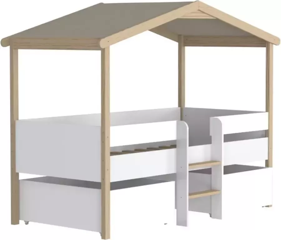 Hutbed SAROSI met laden 90 x 190 cm Linden Wit en eiken L 213.5 cm x H 165.3 cm x D 99.8 cm