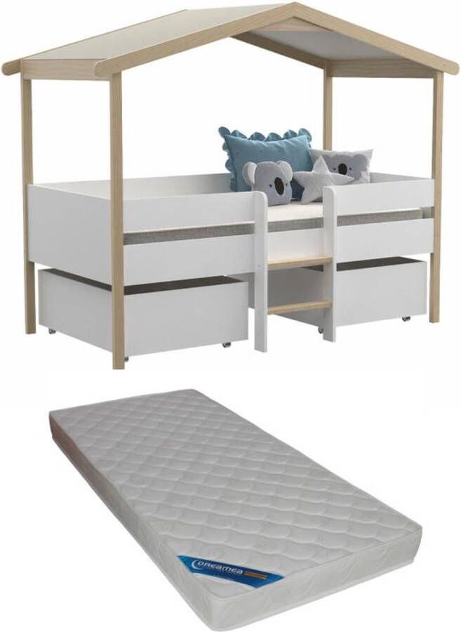 Hutbed SAROSI met laden 90 x 190cm Linden Wit en eiken + matras L 213.5 cm x H 165.3 cm x D 99.8 cm