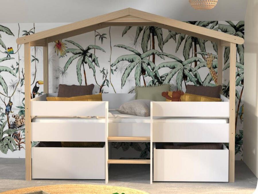Hutbed SAROSI met laden 90 x 190cm Linden Wit en eiken + matras L 213.5 cm x H 165.3 cm x D 99.8 cm