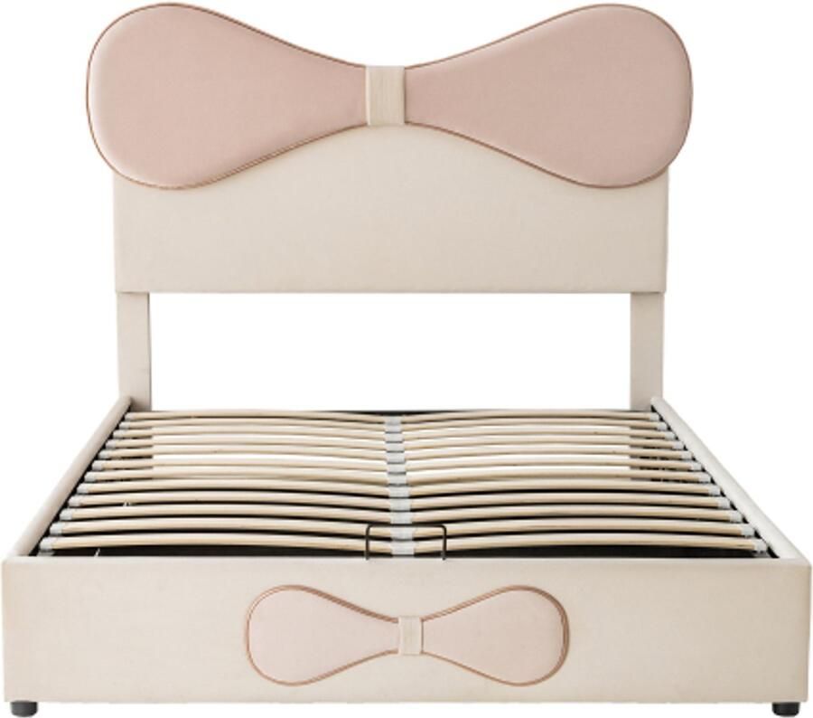 GOTAGEE Hydraulisch gestoffeerd bed 140x200cm tweepersoonsbed verstelbaar hoofdeinde gestoffeerd hoofdeinde met vlinderstrik bed met metalen lattenbodem modern bedframe met opbergruimte fluweel beige+roze