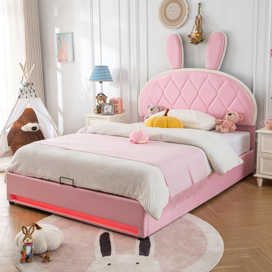 Hydraulisch gestoffeerd bed tweepersoonsbed verstelbaar hoofdeinde konijnenhoofdgedeelte bed met latframe gemaakt van metalen frame modern bedframe met opbergruimte fluweel roze 140x200cm