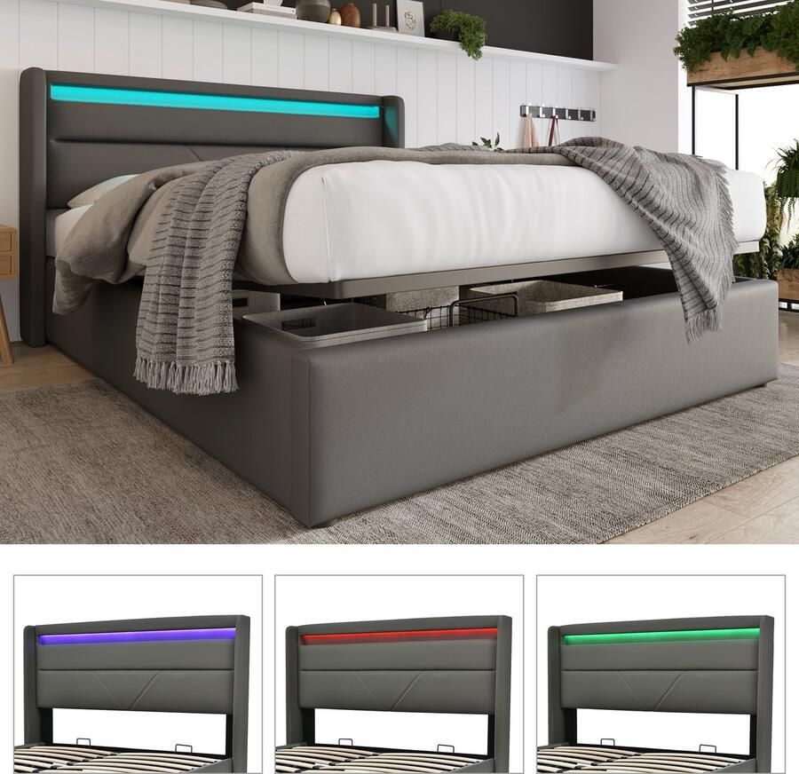 Hydraulisch opbergbed met LED verlichtingsstrip tweepersoonsbed bedframe gestoffeerd bed 160x200cm functioneel bed grijs (met afstandsbediening)