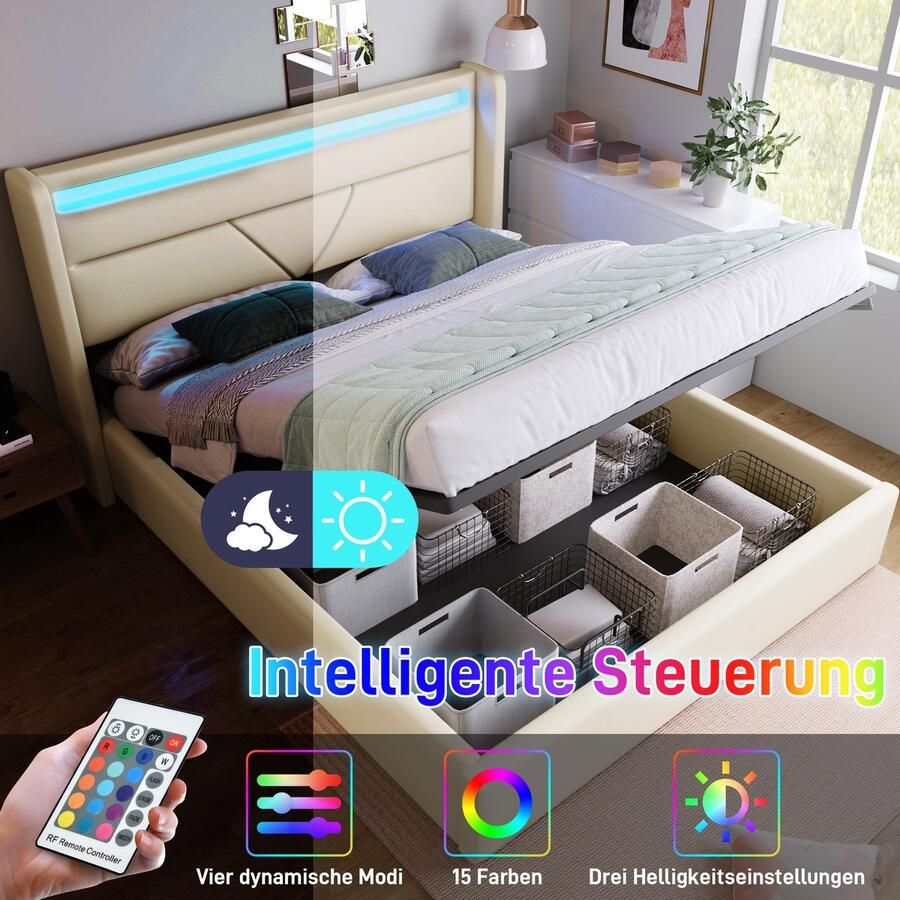 Hydraulisch opbergbed met LED verlichtingsstrip tweepersoonsbed bedframe gestoffeerd bed 160x200cm functioneel bed wit (met afstandsbediening)