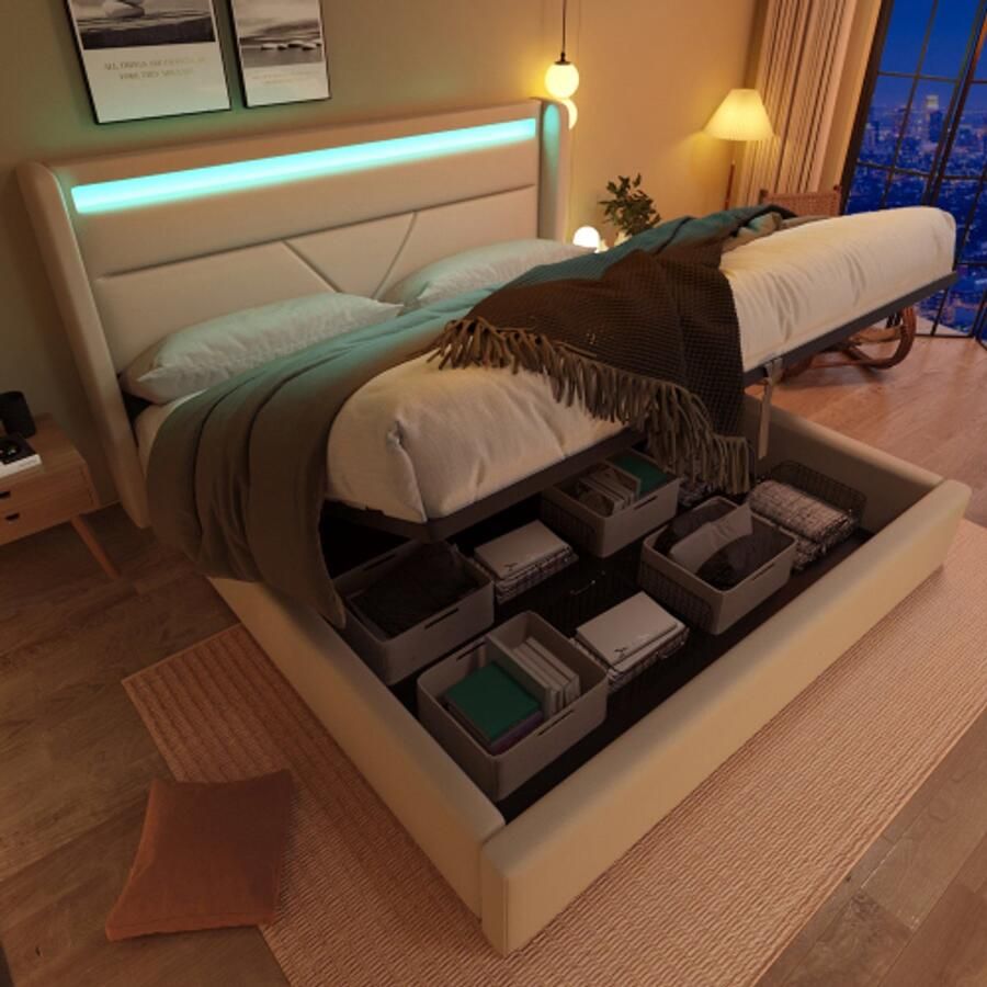 Hydraulisch opbergbed met LED-verlichtingsstrip tweepersoonsbedframe gestoffeerd bed 160x200cm functioneel bed wit (met afstandsbediening)