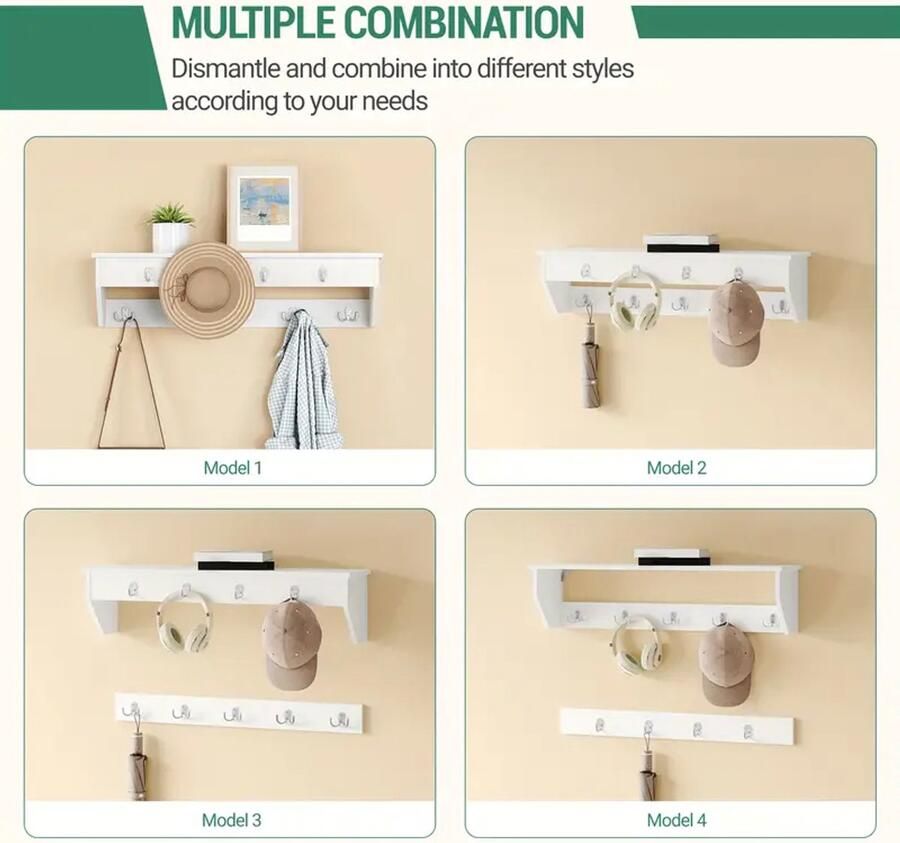 Hzuaneri Kledingkast & Schoenenrek Set – Entreebank met Kussen en Wandkapstok met 9 Haken – Wit-Grijs – Voor Woonkamer Slaapkamer & Entree (30×104×49 cm)