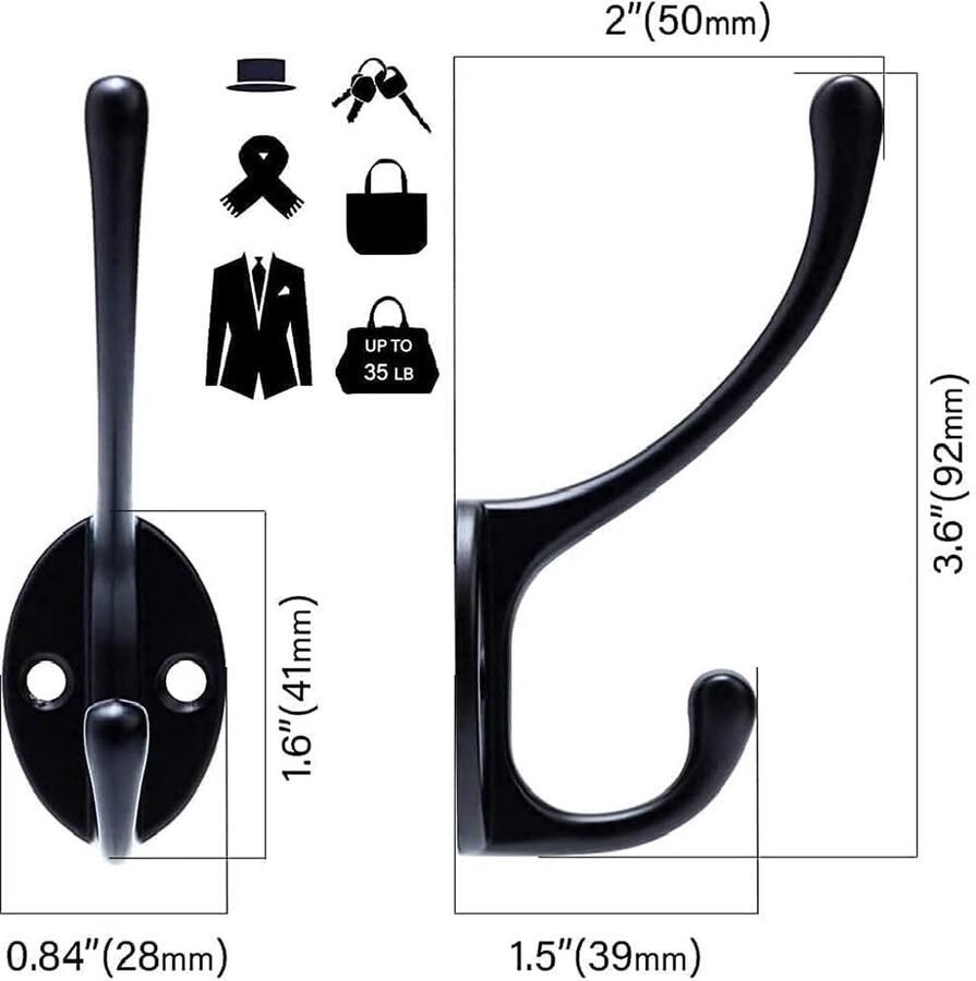 Kapstok Black Vintage met metalen schroeven inbegrepen voor hangende jas hoed handdoek sjaal tas sleutel pet beker (10) (zwart)