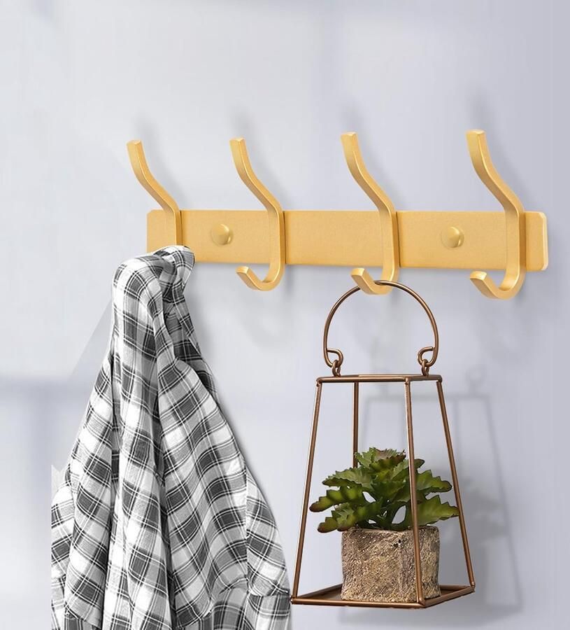 Wandgarderobe garderobehaken van roestvrij staal modern voor slaapkamer entree keuken badkamer (4 haken goud)