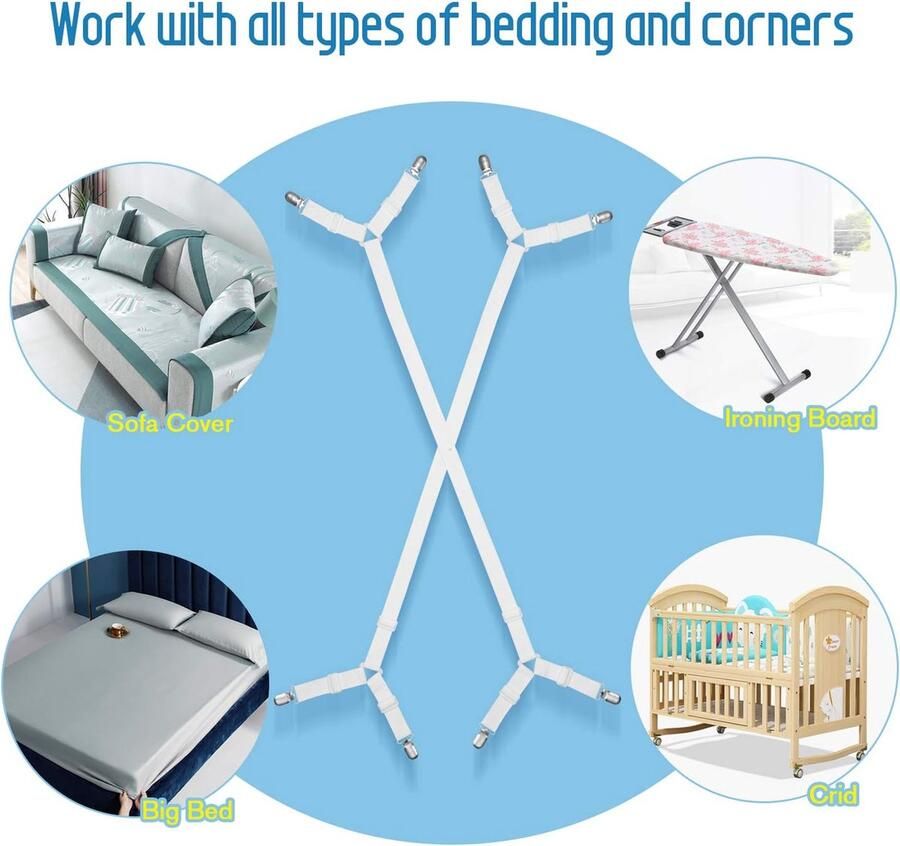 Lakenclips Elastische Banden voor Lakens Verstelbaar Elastiek met Metalen Clips voor Alle Maten Ronde en Vierkante Matrassen (2 Stuks)