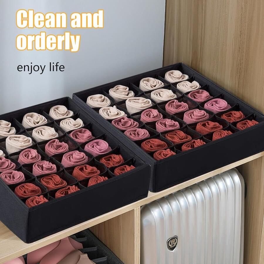 Opbergdozen voor sokken en ondergoed 2 stuks 24 cellen opvouwbare dozen lade-organizer stoffen dozen opbergsysteem kledingkast voor thuis slaapzaal (zwart)