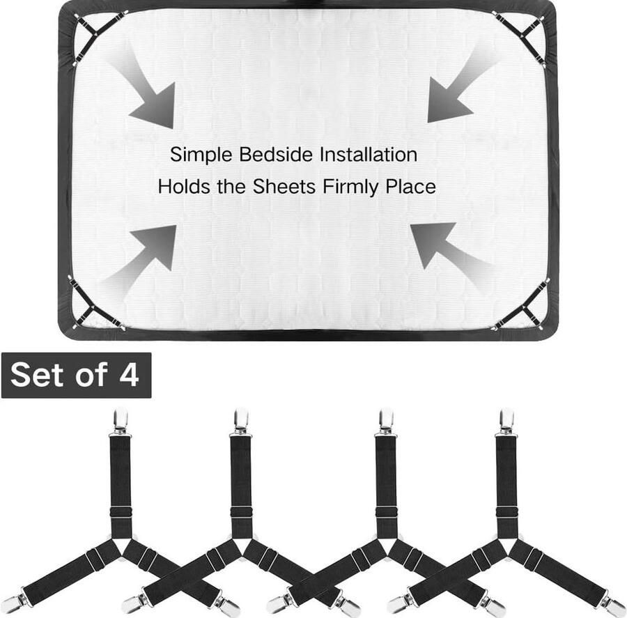 Bevestigingsmiddelen voor bedlaken 4 stuks verstelbare driehoekige elastische bretels grijperhouder riemclip voor lakens matrashoezen bankkussens zwart