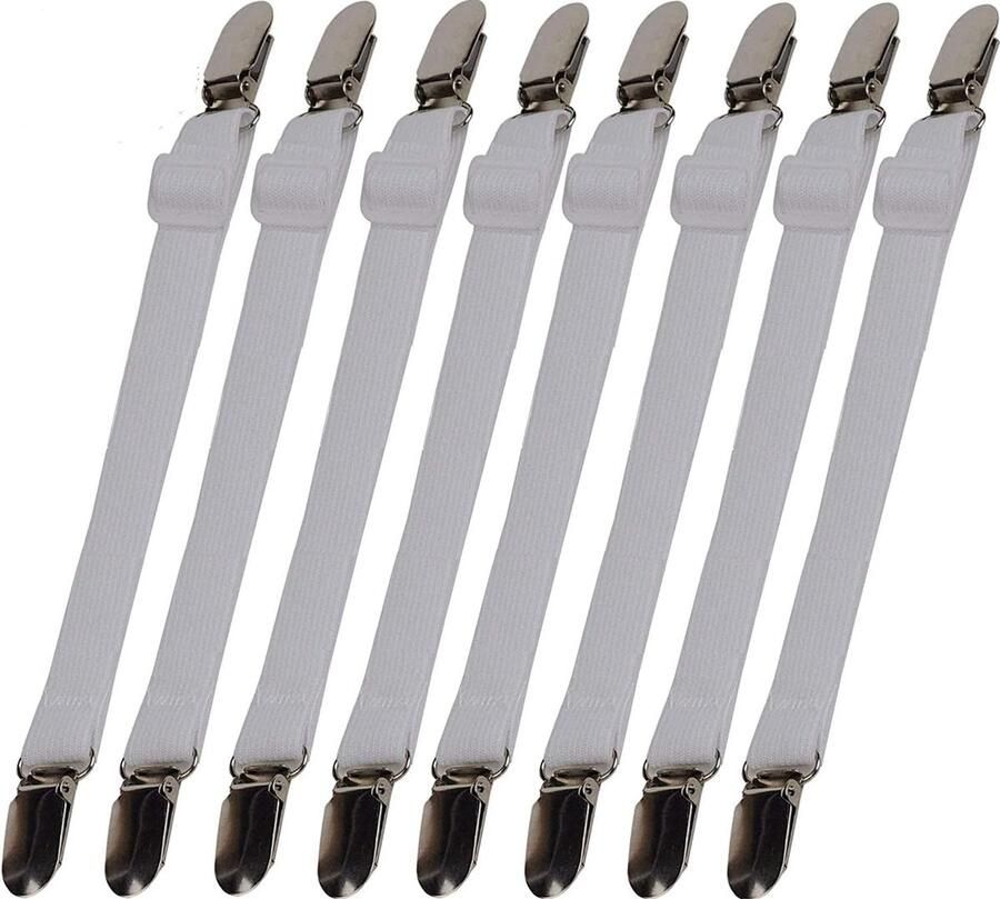 Verstelbare lakenspanner 8 stuks elastische lakenspanners lakspanner met metalen clips voor lakens matras strijkplank of bank instelbare lengte 34 cm tot 100 cm