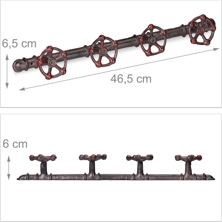 Wandkapstok industrieel 4 wandhaken pipeline gietijzer decoratie rustiek HxBxD: 6.5 x 46.5 x 6 cm bruin
