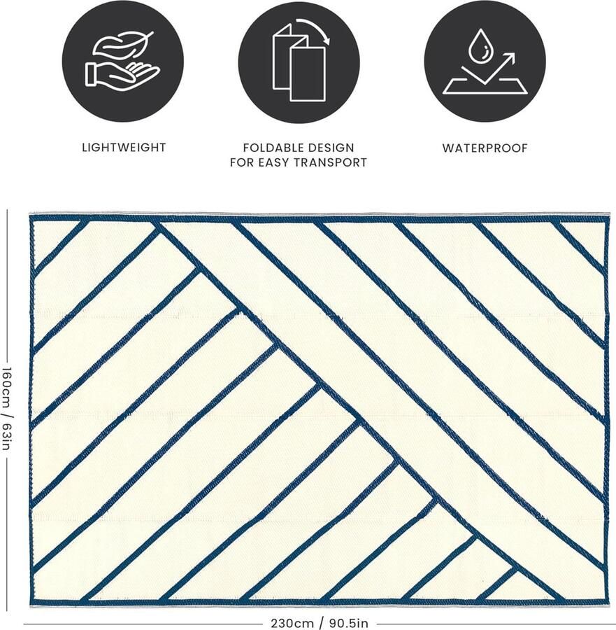 Outdoor tapijt waterdicht omkeerbaar groot 160 x 230 cm tuintapijt koningsblauw & crème geo-lijnen gebied tapijten voor tuin buiten terras tapijt camping mat dek achtertuin picknick - Foto 2