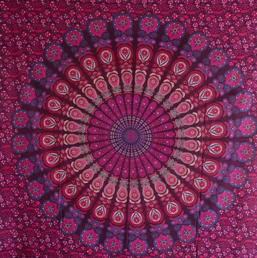 Ibizadoek Pauw paars 240 x 210 cm Lichtgewicht strandlaken XXL mandala pauw laken 2-persoons katoenen badlaken Boho bed & bank sprei Festivalkleed Familiestrandlaken Schaduwdoek Muur decoratie Picknickkleed
