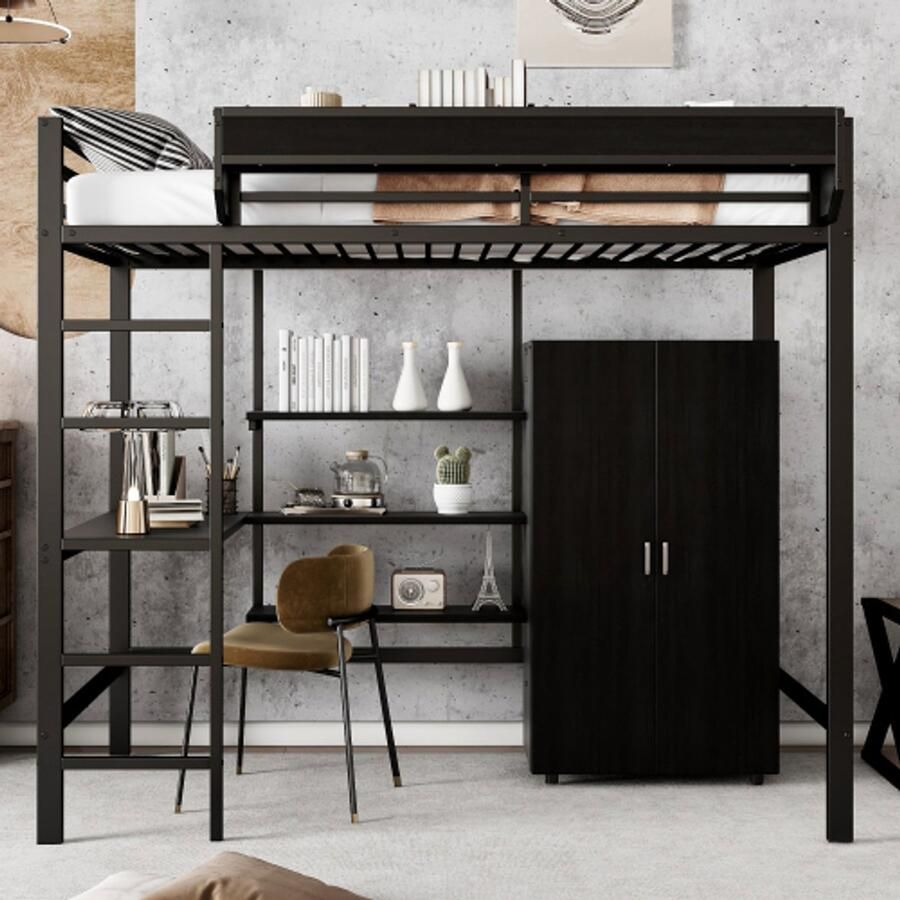 GOTAGEE IJzeren bed hoogslaper geschikt voor kinderen en adolescenten met tafel en kledingkast ruime opbergvakken met 5-traps ladder ijzer + spaanplaat zwart 90x200cm - Foto 2