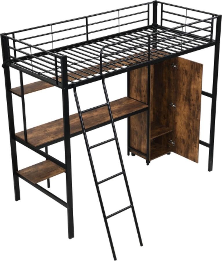 IJzeren bed hoogslaper 90x200cm Geschikt voor kinderen en adolescenten Met tafel en kledingkast Veel opbergvakken Met 4-traps ladder IJzer + spaanplaat Zwart