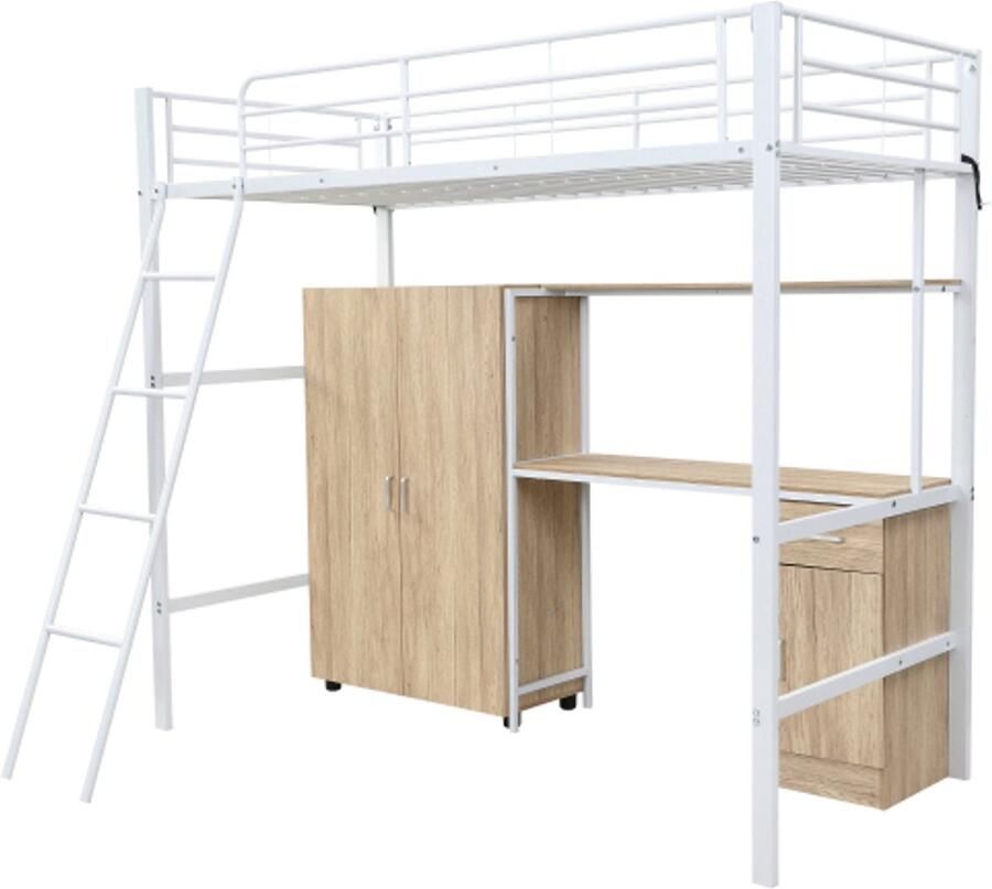 IJzeren bed hoogslaper 90x200cm Geschikt voor kinderen en adolescenten Met tafel en kledingkast Veel opbergvakken Met een viertraps schuine ladder IJzer + spaanplaat Wit + naturel